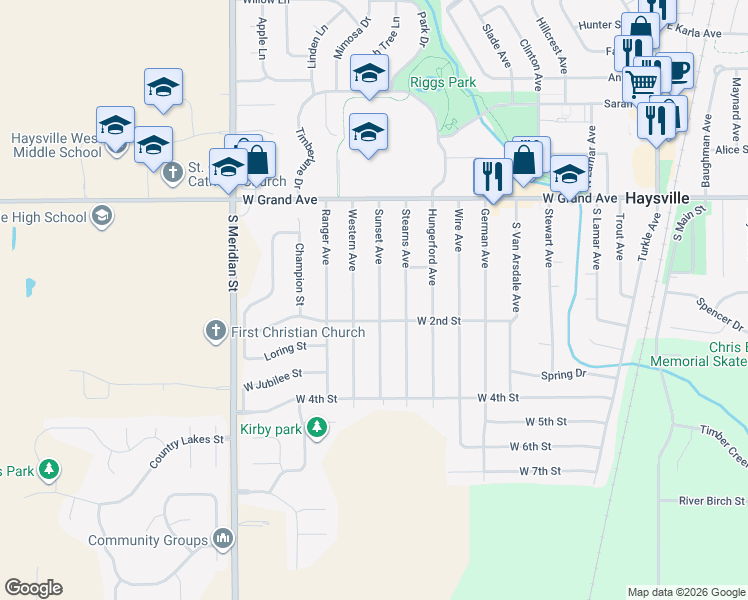 map of restaurants, bars, coffee shops, grocery stores, and more near 233 Sunset Avenue in Haysville