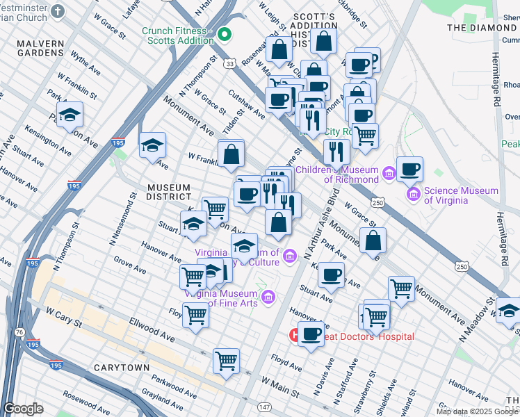 map of restaurants, bars, coffee shops, grocery stores, and more near 3018 Patterson Avenue in Richmond