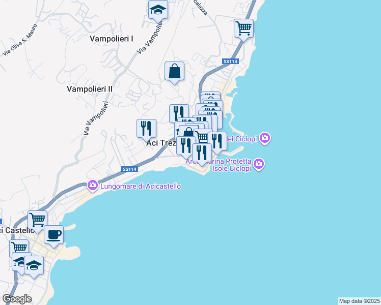 map of restaurants, bars, coffee shops, grocery stores, and more near 4 Piazza delle Scuole in Aci Castello