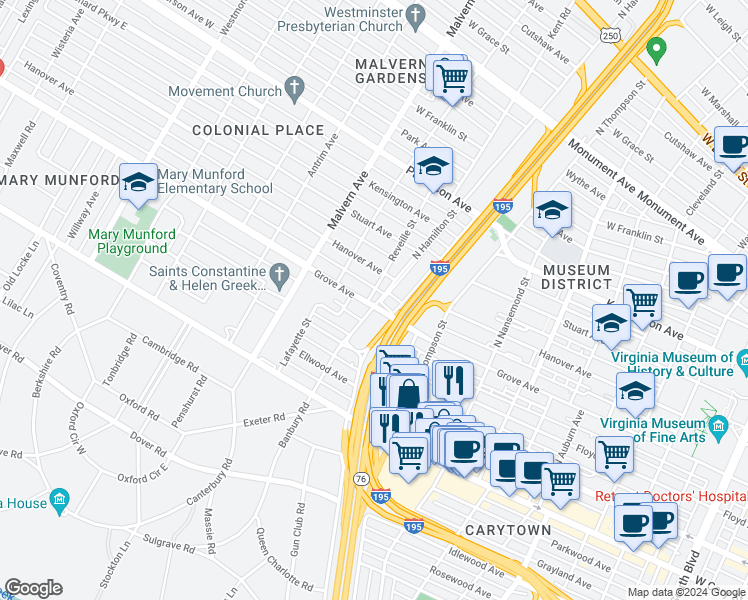map of restaurants, bars, coffee shops, grocery stores, and more near 3903 Reveille Street in Richmond