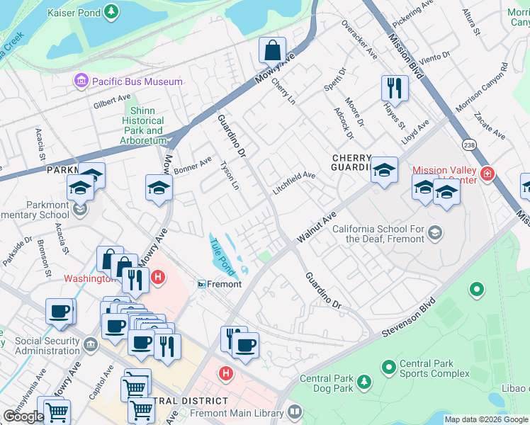 map of restaurants, bars, coffee shops, grocery stores, and more near 1150 Litchfield Avenue in Fremont