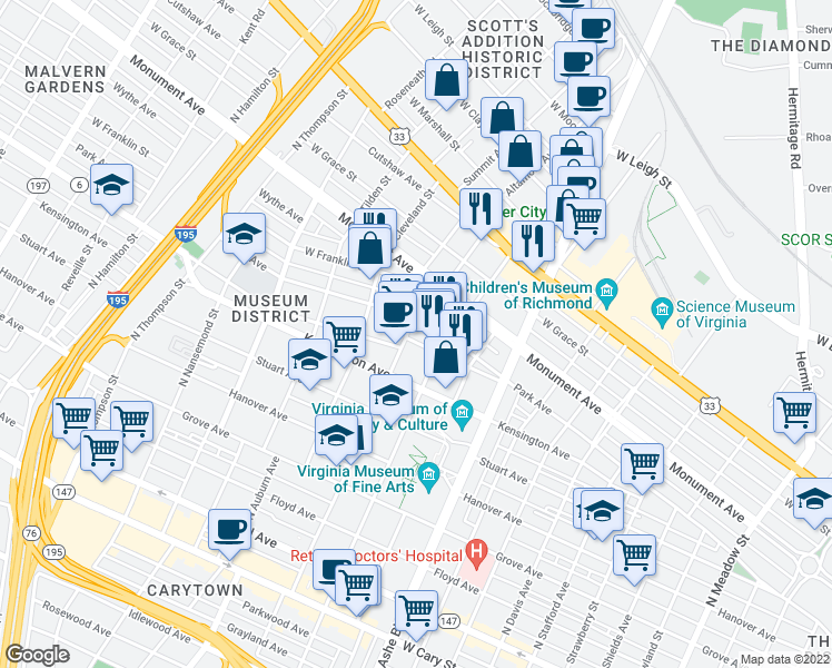 map of restaurants, bars, coffee shops, grocery stores, and more near 3024 Park Avenue in Richmond