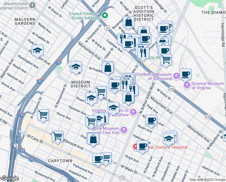 map of restaurants, bars, coffee shops, grocery stores, and more near 3123 Park Avenue in Richmond