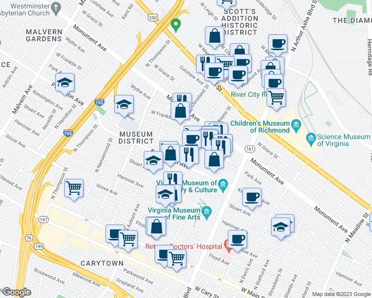 map of restaurants, bars, coffee shops, grocery stores, and more near 3116 Patterson Avenue in Richmond
