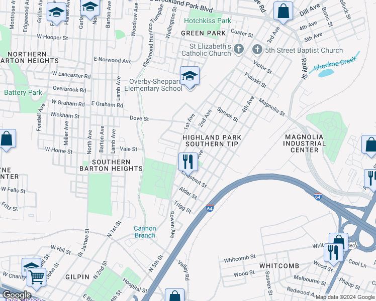 map of restaurants, bars, coffee shops, grocery stores, and more near 2009 2nd Avenue in Richmond