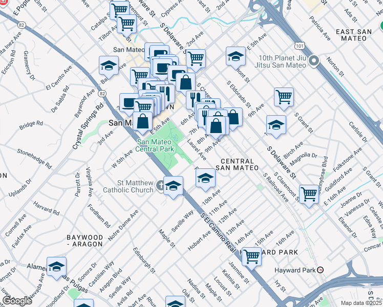 map of restaurants, bars, coffee shops, grocery stores, and more near 710 Laurel Avenue in San Mateo