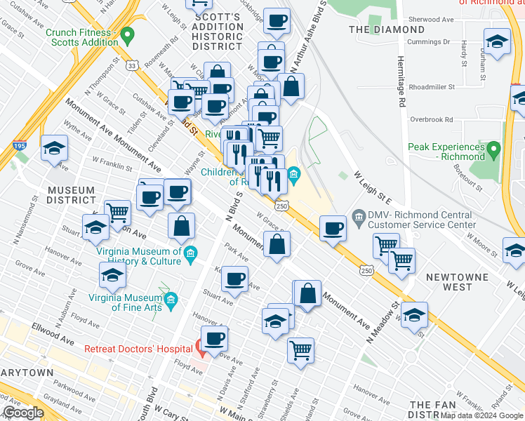 map of restaurants, bars, coffee shops, grocery stores, and more near 2708 West Grace Street in Richmond