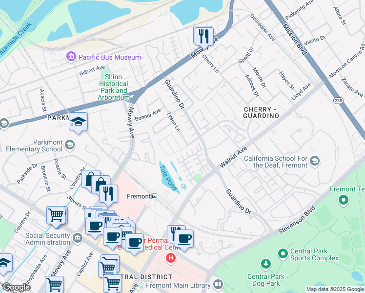 map of restaurants, bars, coffee shops, grocery stores, and more near 38862 Litchfield Circle in Fremont