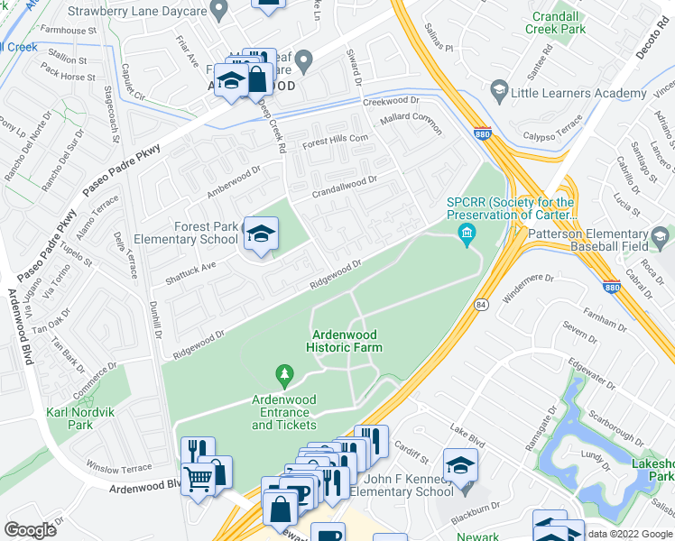 map of restaurants, bars, coffee shops, grocery stores, and more near 5133 Ridgewood Drive in Fremont