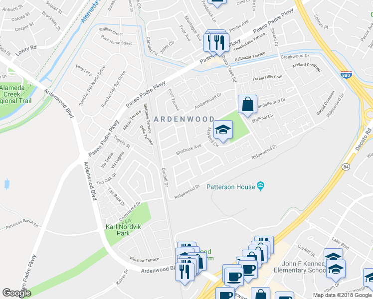 map of restaurants, bars, coffee shops, grocery stores, and more near 5407 Shattuck Avenue in Fremont