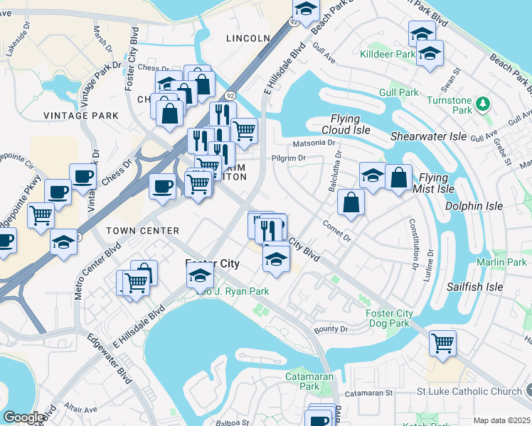 map of restaurants, bars, coffee shops, grocery stores, and more near 3206 Admiralty Lane in Foster City