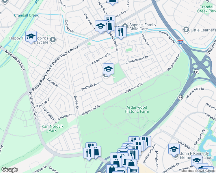 map of restaurants, bars, coffee shops, grocery stores, and more near 34465 Maybird Circle in Fremont