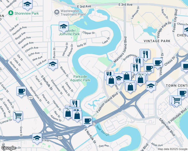map of restaurants, bars, coffee shops, grocery stores, and more near 967 Shoal Drive in San Mateo