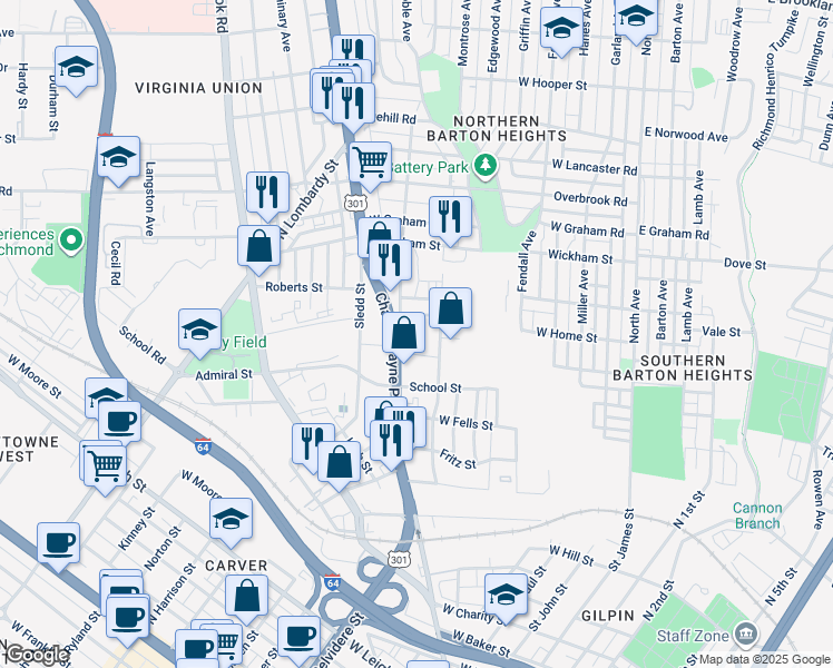 map of restaurants, bars, coffee shops, grocery stores, and more near 711 Dawn St in Richmond