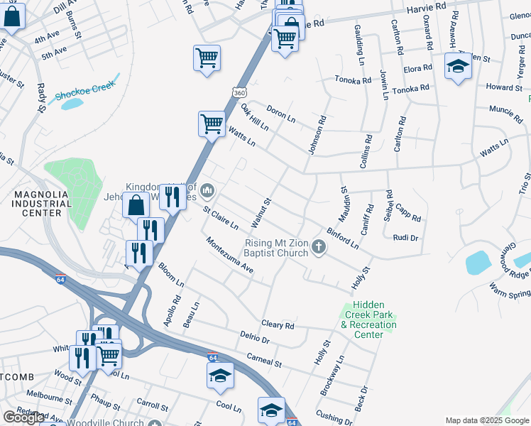 map of restaurants, bars, coffee shops, grocery stores, and more near 1900 Elkridge Lane in Richmond