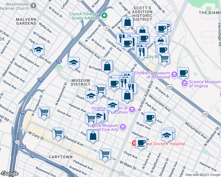 map of restaurants, bars, coffee shops, grocery stores, and more near 3116 Patterson Avenue in Richmond