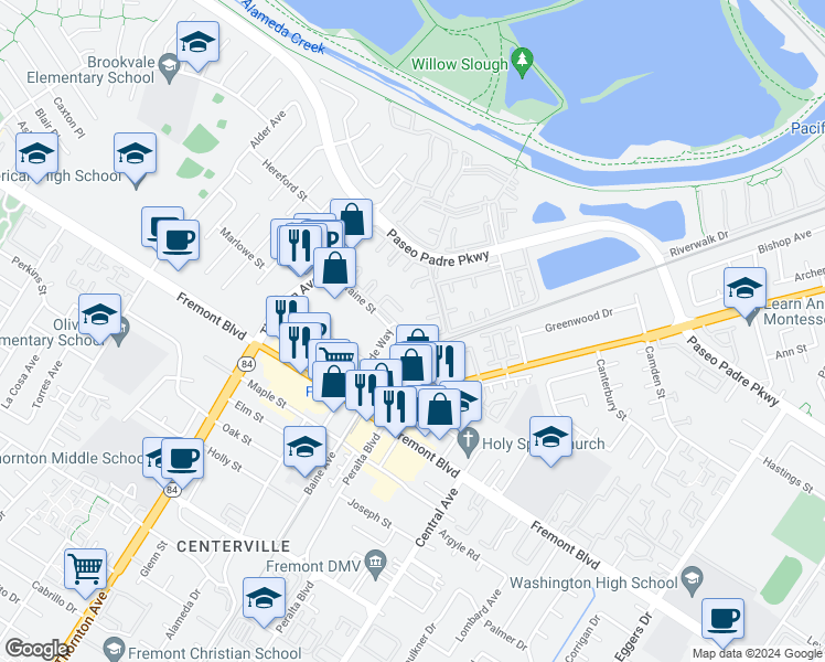 map of restaurants, bars, coffee shops, grocery stores, and more near 3518 Buttonwood Terrace in Fremont