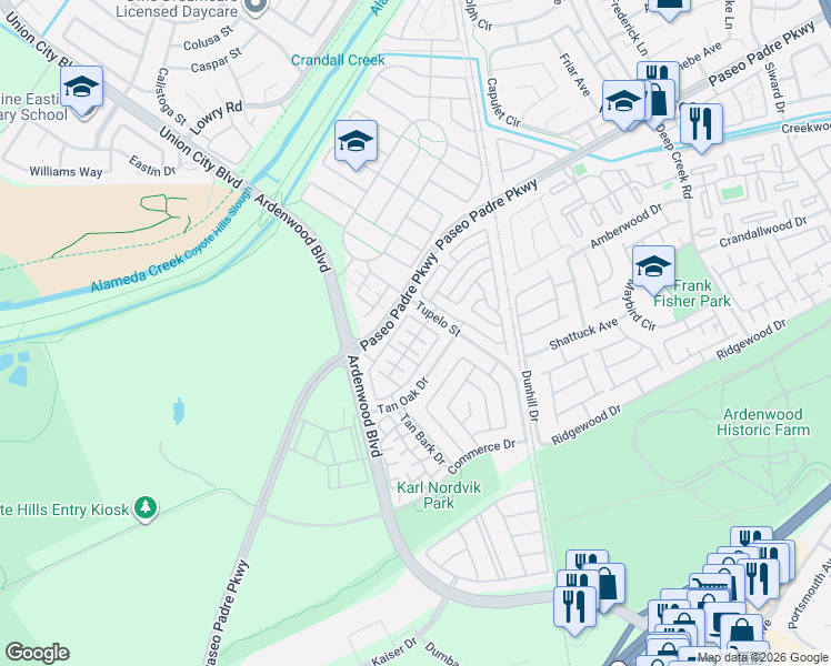 map of restaurants, bars, coffee shops, grocery stores, and more near 34143 Tupelo Street in Fremont