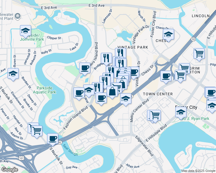 map of restaurants, bars, coffee shops, grocery stores, and more near in San Mateo