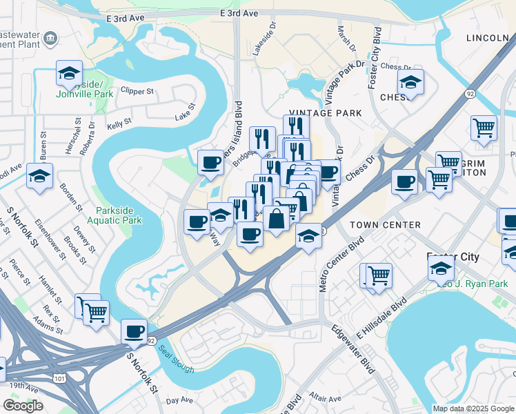 map of restaurants, bars, coffee shops, grocery stores, and more near in San Mateo