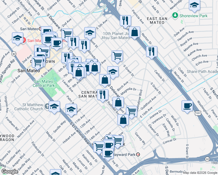 map of restaurants, bars, coffee shops, grocery stores, and more near 1031 South Delaware Street in San Mateo