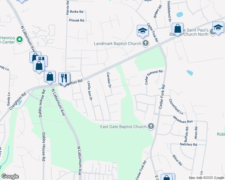 map of restaurants, bars, coffee shops, grocery stores, and more near 3801 Korth Lane in Richmond