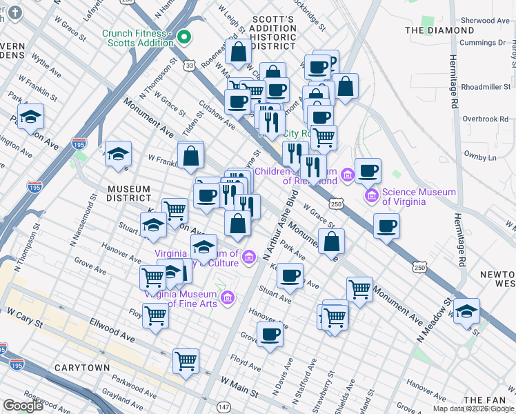map of restaurants, bars, coffee shops, grocery stores, and more near 3001 Monument Avenue in Richmond