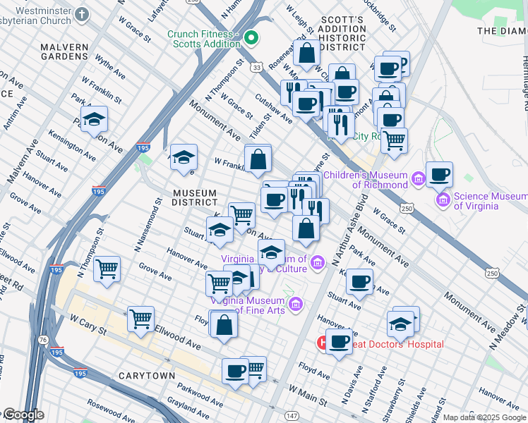 map of restaurants, bars, coffee shops, grocery stores, and more near 3123 Park Avenue in Richmond