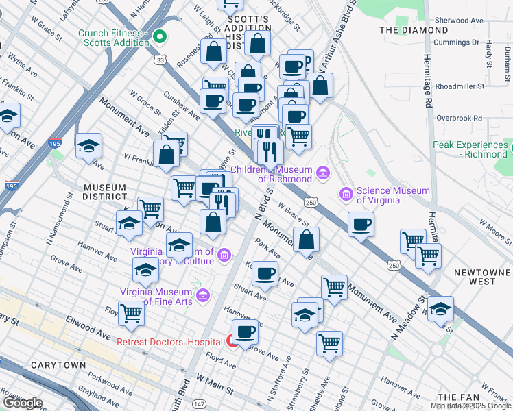 map of restaurants, bars, coffee shops, grocery stores, and more near 2800 Monument Avenue in Richmond