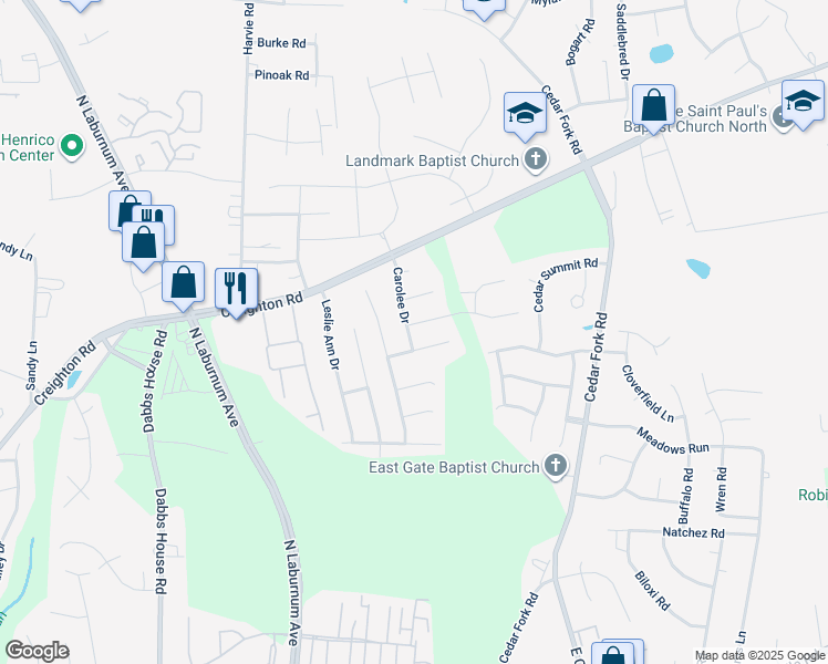 map of restaurants, bars, coffee shops, grocery stores, and more near 3801 Korth Lane in Richmond