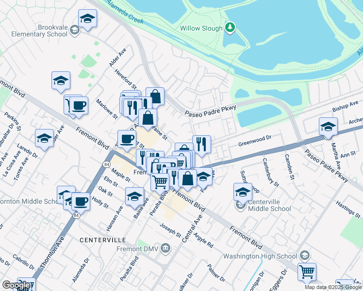 map of restaurants, bars, coffee shops, grocery stores, and more near 37248 Meadowbrook Common in Fremont