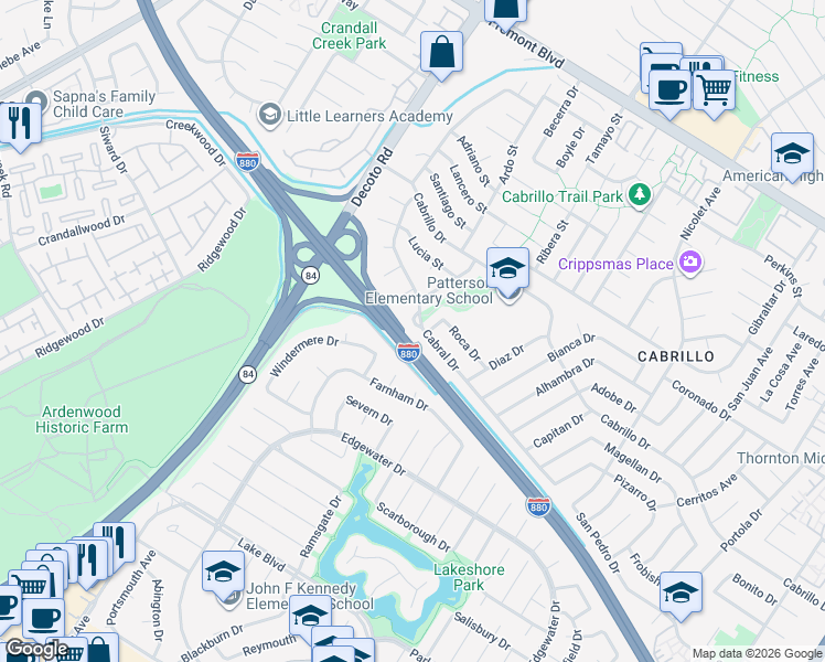 map of restaurants, bars, coffee shops, grocery stores, and more near 35345 Cabral Drive in Fremont