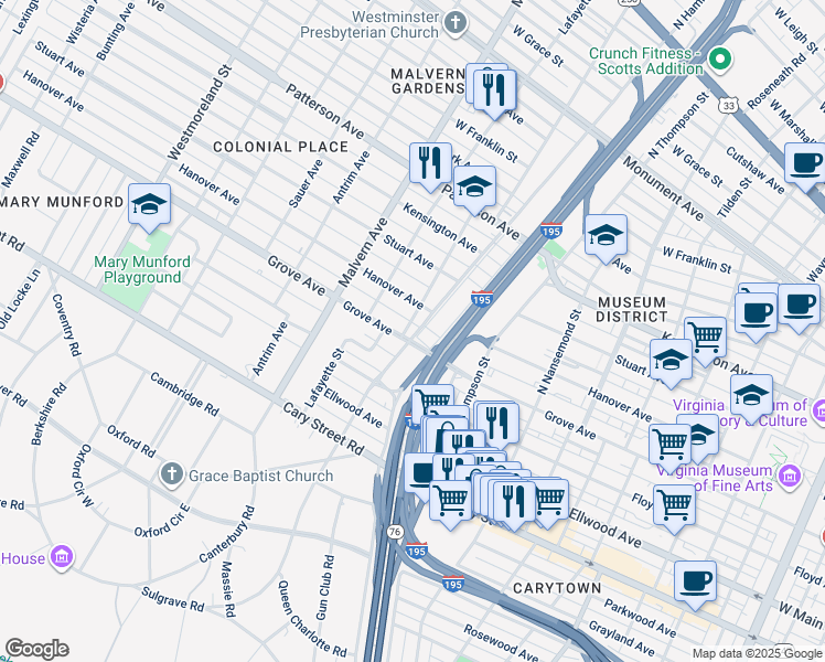 map of restaurants, bars, coffee shops, grocery stores, and more near 320 North Hamilton Street in Richmond