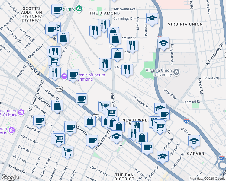 map of restaurants, bars, coffee shops, grocery stores, and more near Hermitage Road in Richmond