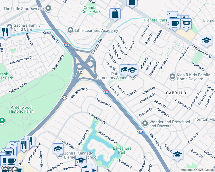 map of restaurants, bars, coffee shops, grocery stores, and more near 35345 Cabral Drive in Fremont