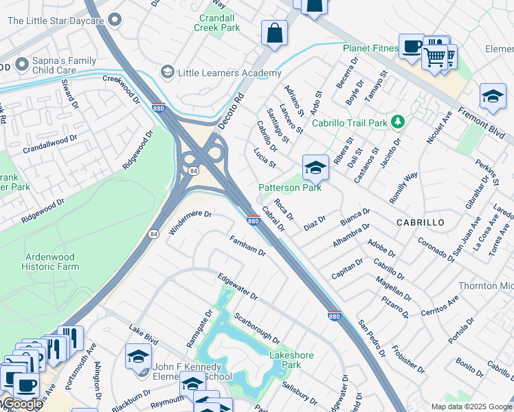 map of restaurants, bars, coffee shops, grocery stores, and more near 35345 Cabral Drive in Fremont
