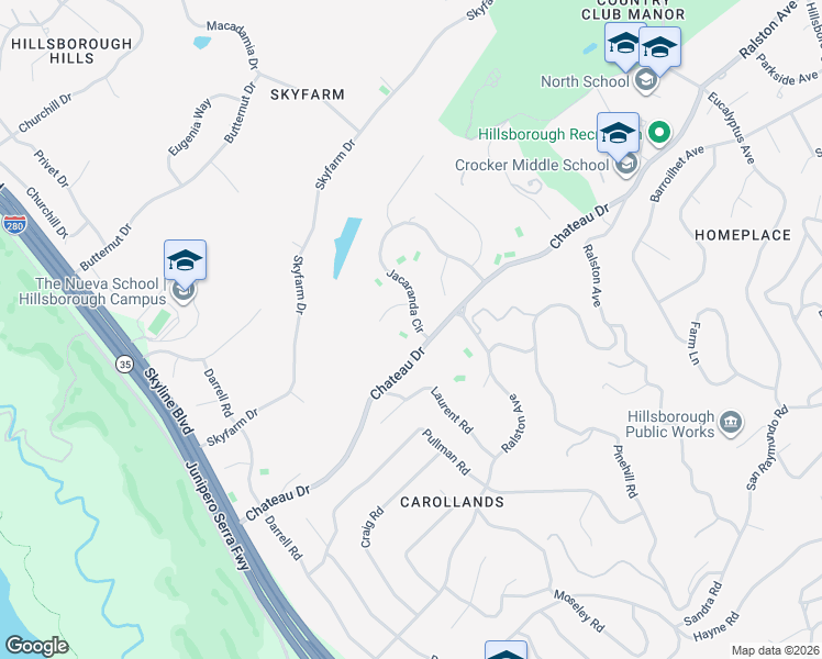 map of restaurants, bars, coffee shops, grocery stores, and more near 746 Jacaranda Circle in Hillsborough
