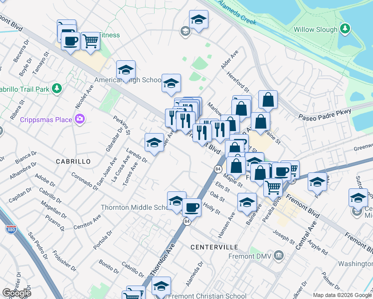 map of restaurants, bars, coffee shops, grocery stores, and more near 36640 Oak Street in Fremont