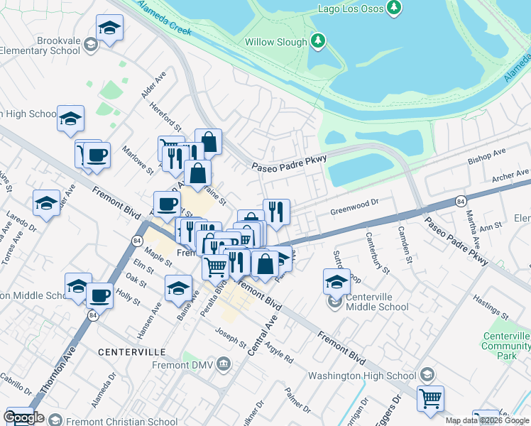 map of restaurants, bars, coffee shops, grocery stores, and more near 37311 Aspenwood Common in Fremont