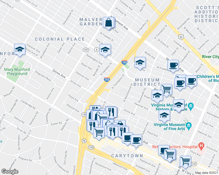 map of restaurants, bars, coffee shops, grocery stores, and more near 304 North Thompson Street in Richmond