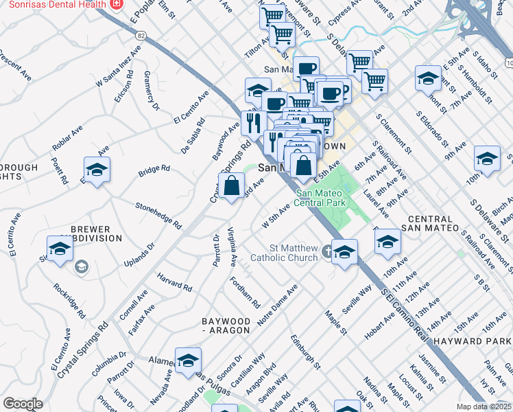 map of restaurants, bars, coffee shops, grocery stores, and more near 100 Dartmouth Road in San Mateo