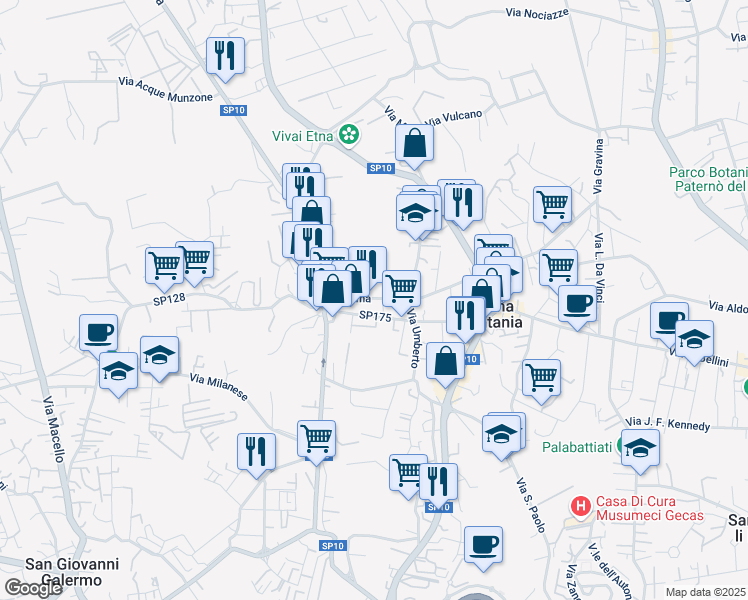 map of restaurants, bars, coffee shops, grocery stores, and more near 25A Via Roma in Gravina di Catania