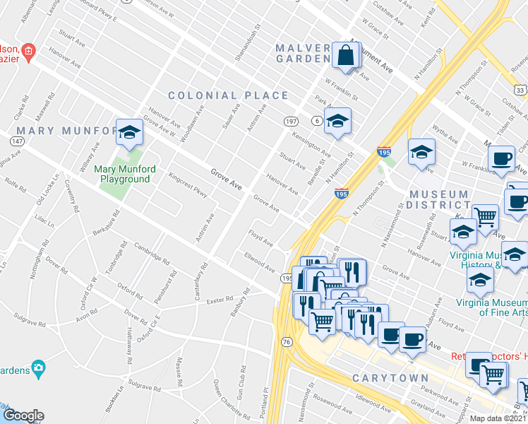 map of restaurants, bars, coffee shops, grocery stores, and more near 3923 Grove Avenue in Richmond