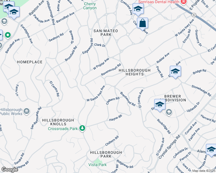 map of restaurants, bars, coffee shops, grocery stores, and more near 625 West Santa Inez Avenue in Hillsborough