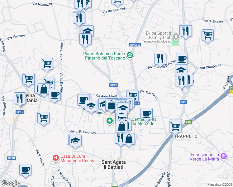 map of restaurants, bars, coffee shops, grocery stores, and more near 20 Via Giuseppe Garibaldi in Sant'Agata li Battiati