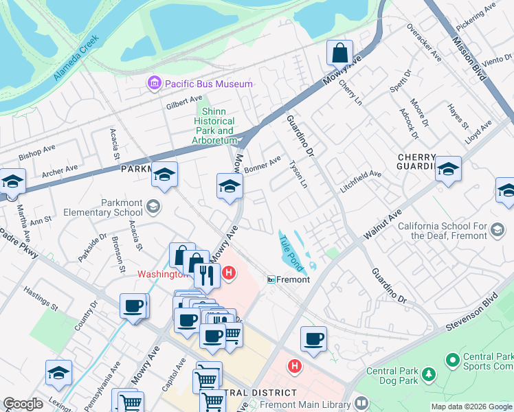 map of restaurants, bars, coffee shops, grocery stores, and more near 38703 Greenwich Circle in Fremont