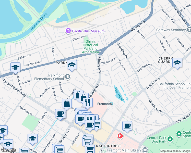 map of restaurants, bars, coffee shops, grocery stores, and more near 38508 Mary Terrace in Fremont