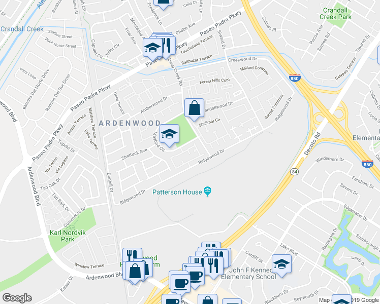 map of restaurants, bars, coffee shops, grocery stores, and more near 5181 Fairbanks Common in Fremont