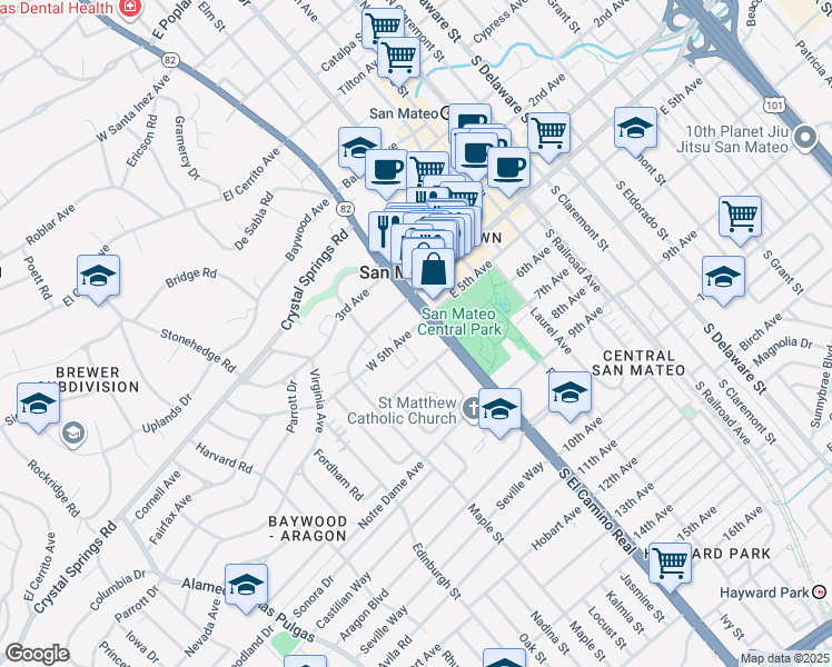 map of restaurants, bars, coffee shops, grocery stores, and more near 55 West 5th Avenue in San Mateo