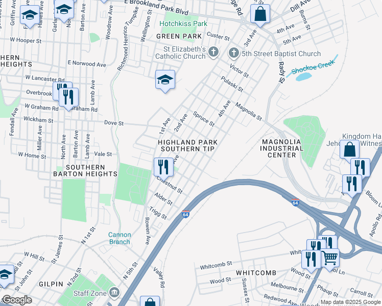 map of restaurants, bars, coffee shops, grocery stores, and more near in Richmond